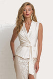 Sparkly Ivory Pencil Sleeveless 2 Piece Midi Party Suits with Slit