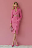 Fashion Fuchsia Peak Lapel 2 Piece Pencil Midi Women Prom Suits with Slit