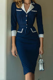 Navy One Piece Pencil Satin Notched Lapel Midi Work Blazer Dress
