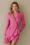 Fuchsia Short Peak Lapel Satin Blazer Dress with Ruffles