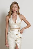 Champagne Halter 2 Piece Pencil Midi Party Suits with Slit