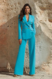 Blue Peak Lapel 2 Piece Satin Wide-Leg Women Prom Suits with Pockets