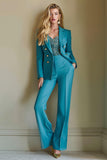 Blue Satin Notched Lapel 2 Piece High Waist Women Prom Suits with Pockets