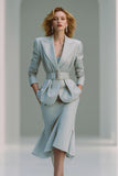 Grey Pencil Peak Lapel 2 Piece Midi Classy Business Suits with Belt