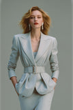Grey Pencil Peak Lapel 2 Piece Midi Classy Business Suits with Belt