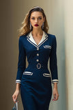Navy Notched Lapel Satin Pencil Midi One Piece Work Blazer Dress