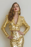 Gold 2 Piece Pencil Sparkly Sequins Midi Women Prom Party Suits with Buttons
