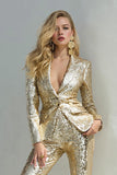 Golden 2 Piece Sparkly Sequins Notched Lapel Women Prom Suits