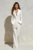 2 Piece White Notched Lapel Ruched Business Suits with Sash