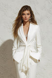 2 Piece White Notched Lapel Ruched Business Suits with Sash