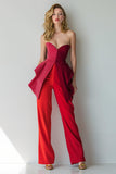 Red Strapless 2 Piece Patchwork Women's Business Suits