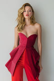 Red Strapless 2 Piece Patchwork Women's Business Suits