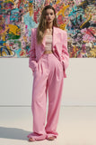 Pink Peak Lapel Satin 2 Piece Wide-Leg Women Prom Suits with Pockets