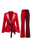 Red 2 Piece Peak Lapel Satin Patchwork Women Prom Suits with Belt