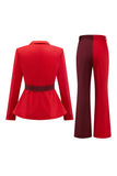 Red 2 Piece Peak Lapel Satin Patchwork Women Prom Suits with Belt
