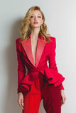 Red 2 Piece Peak Lapel Satin Patchwork Women Prom Suits with Belt