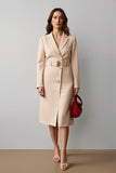 Champagne Pencil Notched Lapel Midi Blazer Dress with Belt