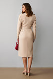Champagne Pencil Notched Lapel Midi Blazer Dress with Belt