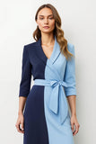 Navy Blue Patchwork Pencil Peak Lapel Midi Blazer Dress with Bow
