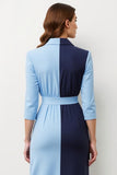 Navy Blue Patchwork Pencil Peak Lapel Midi Blazer Dress with Bow