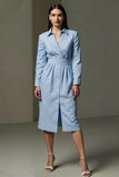 Stripped Blue Collar Neck Pencil Single Breasted Midi Shirt Dress