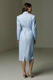 Stripped Blue Collar Neck Pencil Single Breasted Midi Shirt Dress