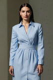 Stripped Blue Collar Neck Pencil Single Breasted Midi Shirt Dress