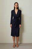 Navy Ruched Pencil Notched Lapel Midi Blazer Dress