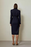 Navy Ruched Pencil Notched Lapel Midi Blazer Dress
