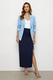 Navy Blue 2 Piece Notched Lapel Pencil Midi Business Suits with Slit