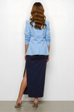 Navy Blue 2 Piece Notched Lapel Pencil Midi Business Suits with Slit