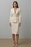 Ivory Pencil Notched Lapel 2 Piece Midi Business Suits with Slit