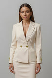 Ivory Pencil Notched Lapel 2 Piece Midi Business Suits with Slit