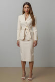 Ivory Notched Lapel Pencil 2 Piece Midi Business Suits with Sash