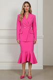 Fuchsia 2 Piece Peak Lapel Mermaid Midi Women Prom Suits with Ruffles