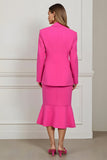 Fuchsia 2 Piece Peak Lapel Mermaid Midi Women Prom Suits with Ruffles