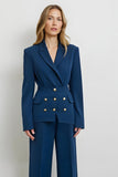 Dark Blue 2 Piece Satin Business Suits with Buttons