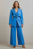 Blue 2 Piece Notched Lapel Women Prom Suits with Belt