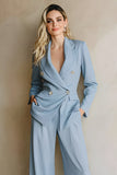 Grey Blue 2 Piece Notched Lapel Women Prom Suits with Pockets