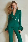 Dark Green 2 Piece Shawl Lapel Flare Sleeves Women Prom Suits