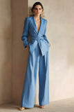 Blue Peak Lapel 2 Piece Women Prom Suits with Sash