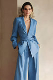 Blue Peak Lapel 2 Piece Women Prom Suits with Sash