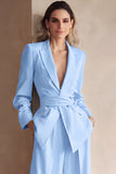 Blue Peak Lapel 2 Piece Women Prom Suits with Sash