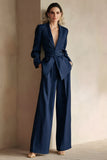 Blue Peak Lapel 2 Piece Women Prom Suits with Sash