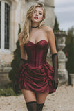Burgundy Corset Satin Strapless Short Cocktail Dress with Ruffles
