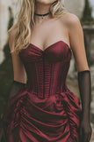 Burgundy Corset Satin Strapless Short Cocktail Dress with Ruffles
