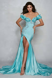 Blue Mermaid Off the Shoulder Maxi Prom Dress with Slit