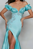 Blue Mermaid Off the Shoulder Maxi Prom Dress with Slit