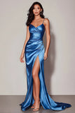 Dark Blue Ruched Spaghetti Straps Long Prom Dress with Slit