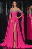 Sparkly Fuchsia A Line Off the Shoulder Maxi Prom Dress with Slit